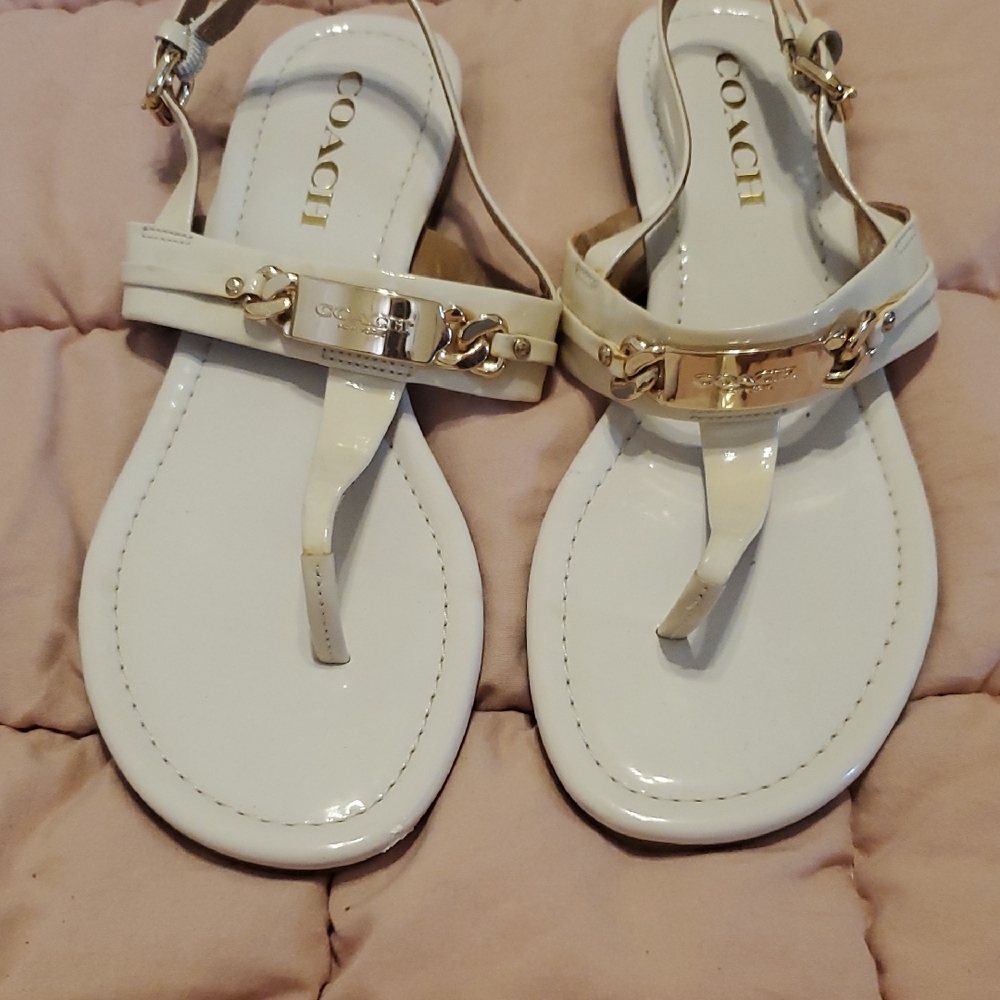Coach White T-Strap Sandals with Gold Accents